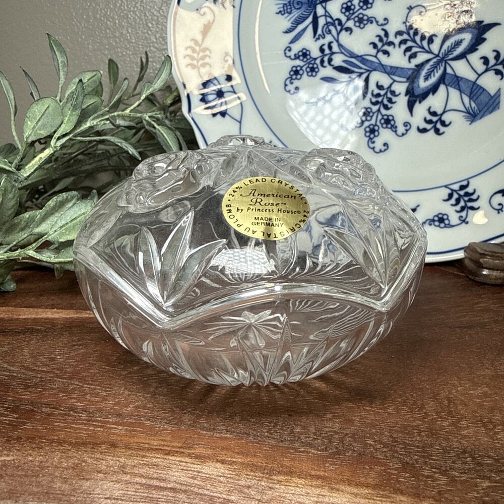 Vintage Princess House American Rose Lead Crystal Covered Trinket Box Germany 4”